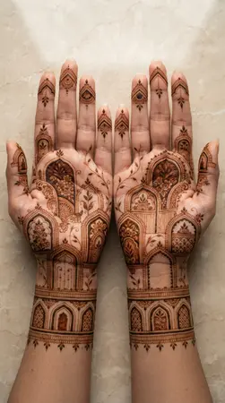 Arabic mehndi designs for full hands featuring decorative arches and floral details Arabic mehndi designs for full hands featuring decorative arches and floral details