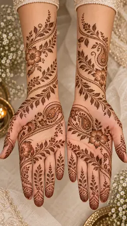 Arabic mehndi designs for full hands with botanical bands and floral vines Arabic mehndi designs for full hands with botanical bands and floral vines