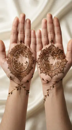 Arabic mehndi designs for full hands with botanical medallion motifs Arabic mehndi designs for full hands with botanical medallion motifs