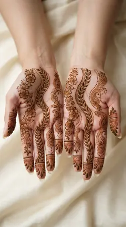 Arabic mehndi designs for full hands with flowing botanical wave columns Arabic mehndi designs for full hands with flowing botanical wave columns