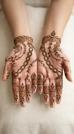 Arabic mehndi designs for full hands with elegant chain link patterns Arabic mehndi designs for full hands with elegant chain link patterns