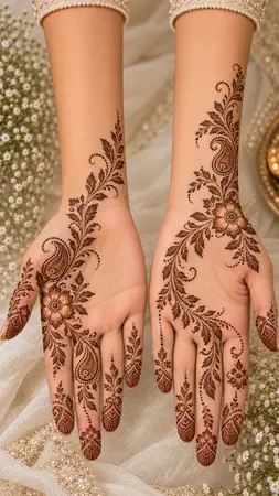Arabic mehndi designs for full hands with flowing corner to corner botanical trails Arabic mehndi designs for full hands with flowing corner to corner botanical trails