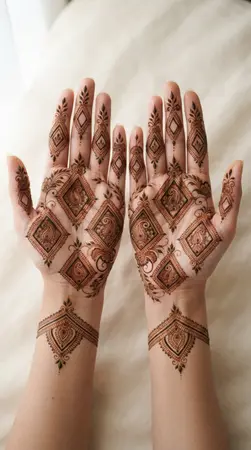 Arabic mehndi designs for full hands with diamond and paisley motifs Arabic mehndi designs for full hands with diamond and paisley motifs