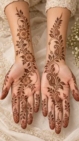 Arabic mehndi designs for full hands with parallel flowing vines Arabic mehndi designs for full hands with parallel flowing vines