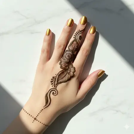 Bold floral motif on one finger Arabic finger mehndi design 2026 — stylish single-finger henna. Bold floral motif on one finger Arabic finger mehndi design 2026 — stylish single-finger henna.
