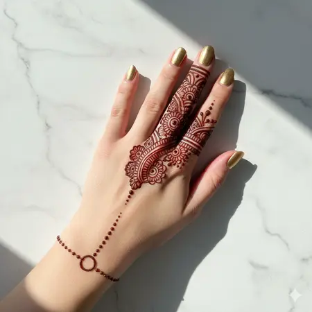 Paisley and dot work Arabic finger mehndi design 2026 — intricate single finger henna motif. Paisley and dot work Arabic finger mehndi design 2026 — intricate single finger henna motif.