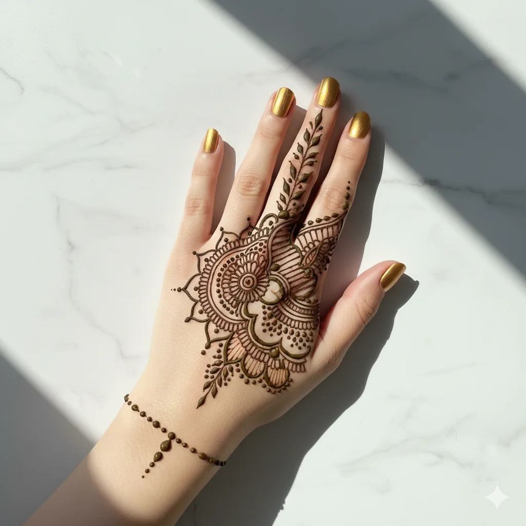 Half-mandala extending to thumb Arabic finger mehndi design 2026 — bold geometric henna strokes. Half-mandala extending to thumb Arabic finger mehndi design 2026 — bold geometric henna strokes.