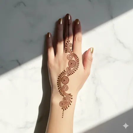 Curved floral Arabic mehndi design 2026 with wrist detail — modern henna with floral elegance. Curved floral Arabic mehndi design 2026 with wrist detail — modern henna with floral elegance.