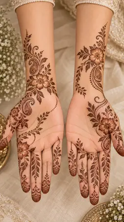 Arabic mehndi designs for full hands with elegant floral corner compositions Arabic mehndi designs for full hands with elegant floral corner compositions