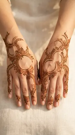 Arabic mehndi designs for full hands with connected floral crescent shapes Arabic mehndi designs for full hands with connected floral crescent shapes