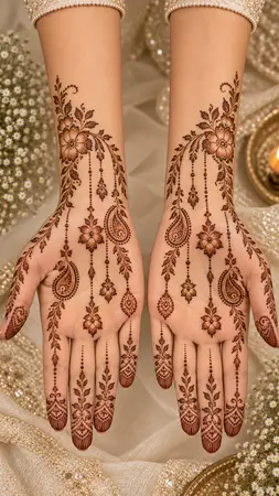 Arabic mehndi designs for full hands with floral drop chain details Arabic mehndi designs for full hands with floral drop chain details