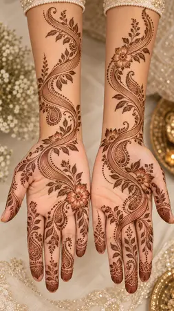 Arabic mehndi designs for full hands with flowing floral ribbon motifs Arabic mehndi designs for full hands with flowing floral ribbon motifs