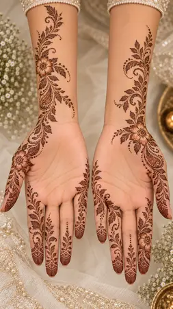 Arabic mehndi designs for full hands with flowing flower trail borders Arabic mehndi designs for full hands with flowing flower trail borders