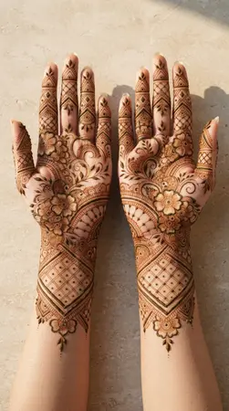 Arabic mehndi designs for full hands with geometric and floral patterns Arabic mehndi designs for full hands with geometric and floral patterns