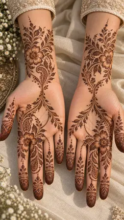 Arabic mehndi designs for full hands with elegant hourglass botanical composition Arabic mehndi designs for full hands with elegant hourglass botanical composition