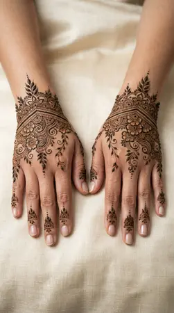 Arabic mehndi designs for full hands with crown shaped leaf motifs Arabic mehndi designs for full hands with crown shaped leaf motifs