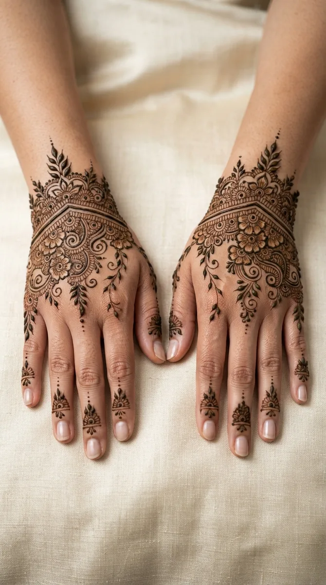 Arabic mehndi designs for full hands with crown shaped leaf motifs Arabic mehndi designs for full hands with crown shaped leaf motifs