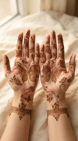 Arabic mehndi designs for full hands with fan shaped leaf arrangements Arabic mehndi designs for full hands with fan shaped leaf arrangements