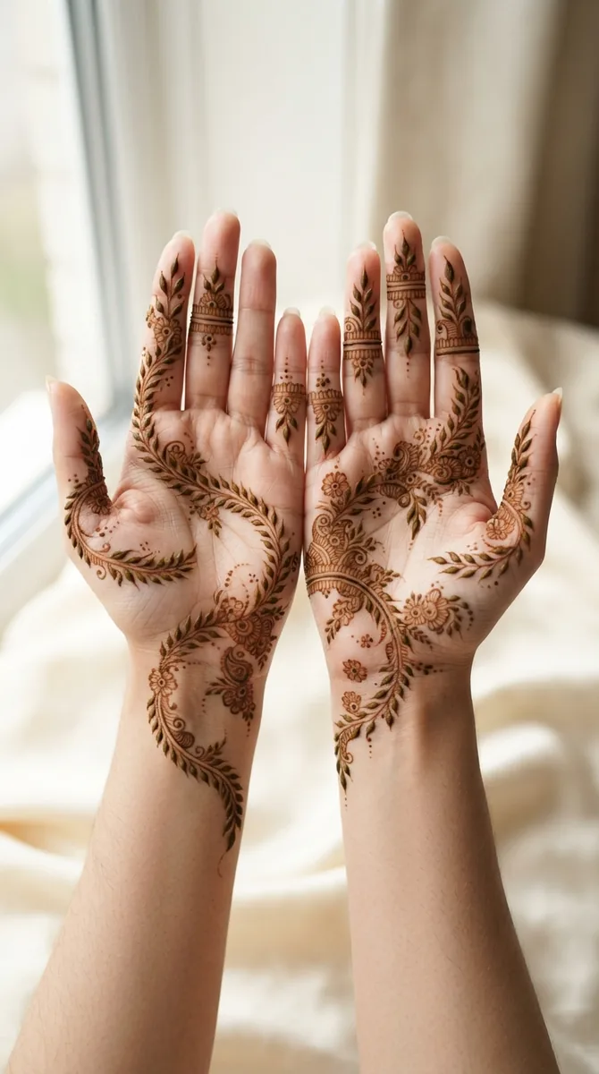 Arabic mehndi designs for full hands with flowing leaf garlands Arabic mehndi designs for full hands with flowing leaf garlands