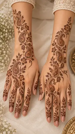 Arabic mehndi designs for full hands with cascading miniature paisleys Arabic mehndi designs for full hands with cascading miniature paisleys