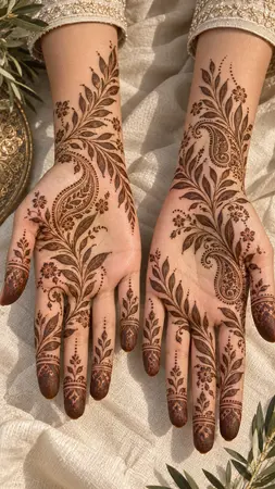 Arabic mehndi designs for full hands with olive leaves and paisley details Arabic mehndi designs for full hands with olive leaves and paisley details