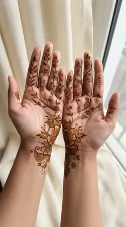 Arabic mehndi designs for full hands with vines flowing from palm to fingers Arabic mehndi designs for full hands with vines flowing from palm to fingers