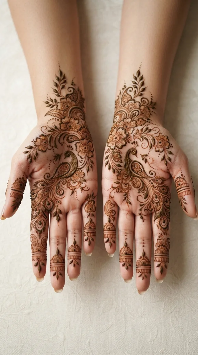 Arabic mehndi designs for full hands with peacock inspired floral patterns Arabic mehndi designs for full hands with peacock inspired floral patterns