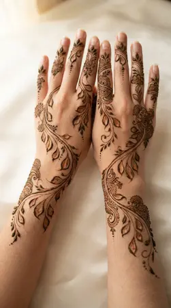 Arabic mehndi designs for full hands with cascading petal motifs Arabic mehndi designs for full hands with cascading petal motifs