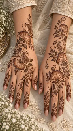 Arabic mehndi designs for full hands with layered fan shaped petals Arabic mehndi designs for full hands with layered fan shaped petals