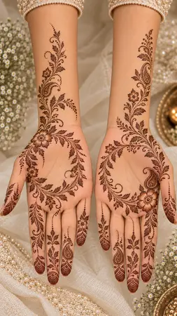 Arabic mehndi designs for full hands with delicate floral halo compositions Arabic mehndi designs for full hands with delicate floral halo compositions