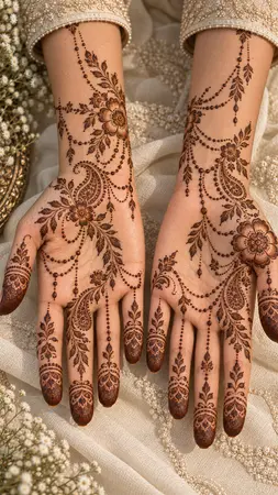 Arabic mehndi designs for full hands with delicate rosary inspired bead chains Arabic mehndi designs for full hands with delicate rosary inspired bead chains
