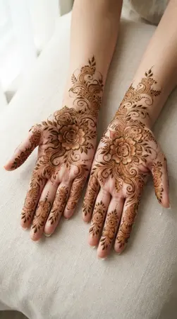 Arabic mehndi designs for full hands featuring roses and flowing leafy vines Arabic mehndi designs for full hands featuring roses and flowing leafy vines