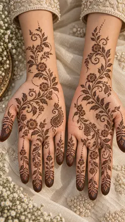 Arabic mehndi designs for full hands with rosette vines and spiral details Arabic mehndi designs for full hands with rosette vines and spiral details
