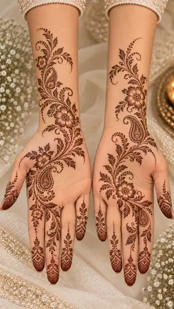 Arabic mehndi designs for full hands with flowing S curve botanical patterns Arabic mehndi designs for full hands with flowing S curve botanical patterns