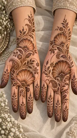 Arabic mehndi designs for full hands with shell shaped petal detailing Arabic mehndi designs for full hands with shell shaped petal detailing