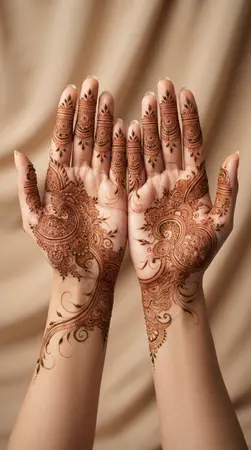Arabic mehndi designs for full hands with spiral lace detailing Arabic mehndi designs for full hands with spiral lace detailing