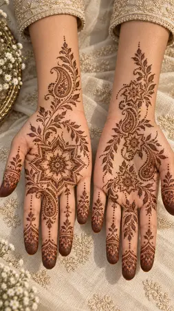 Arabic mehndi designs for full hands combining star motifs with delicate florals Arabic mehndi designs for full hands combining star motifs with delicate florals