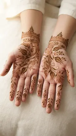 Arabic mehndi designs for full hands with tulip inspired floral curves Arabic mehndi designs for full hands with tulip inspired floral curves