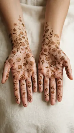 Arabic mehndi designs for full hands with scattered wildflower inspired motifs Arabic mehndi designs for full hands with scattered wildflower inspired motifs
