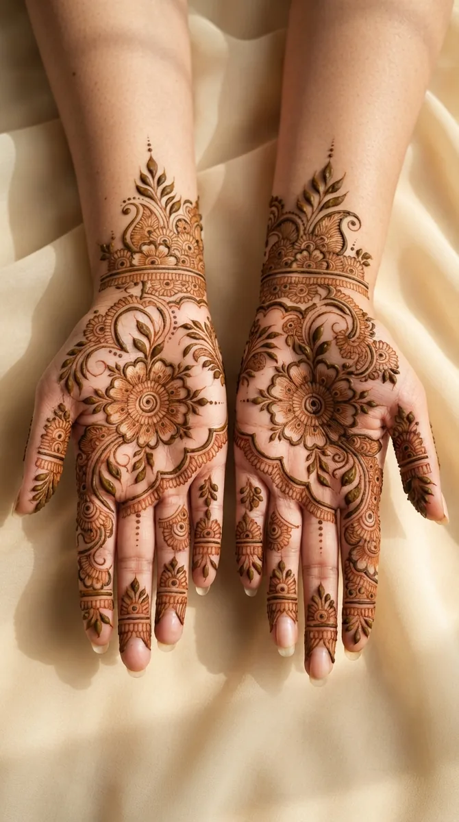 Bold Arabic mehndi designs for full hands with mandala and floral motifs Bold Arabic mehndi designs for full hands with mandala and floral motifs