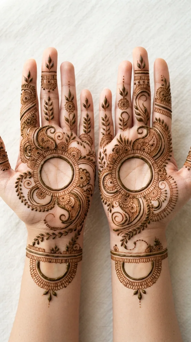 Arabic mehndi designs for full hands with circular flowing floral trails Arabic mehndi designs for full hands with circular flowing floral trails