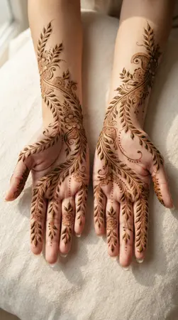 Elegant Arabic mehndi designs for full hands with leafy vines and floral trails Elegant Arabic mehndi designs for full hands with leafy vines and floral trails