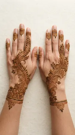 Arabic mehndi designs for full hands with graceful feather and vine motifs Arabic mehndi designs for full hands with graceful feather and vine motifs