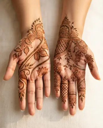 Indo-Arabic mehndi design combining flowing vines with delicate Indian ornamental details Indo-Arabic mehndi design combining flowing vines with delicate Indian ornamental details