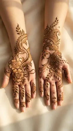 Unique contemporary Arabic mehndi designs for full hands with floral storytelling patterns Unique contemporary Arabic mehndi designs for full hands with floral storytelling patterns