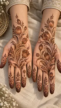 Arabic mehndi designs for full hands with elegant tulip garden motifs Arabic mehndi designs for full hands with elegant tulip garden motifs