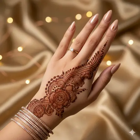 Trending asymmetrical back hand mehndi design 2026 with diagonal leafy vine trail. Trending asymmetrical back hand mehndi design 2026 with diagonal leafy vine trail.