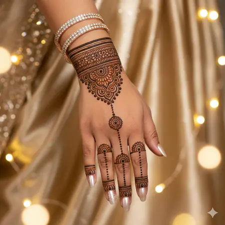 Hathphool jewelry style back hand mehndi design 2026 with intricate bracelet strings. Hathphool jewelry style back hand mehndi design 2026 with intricate bracelet strings.