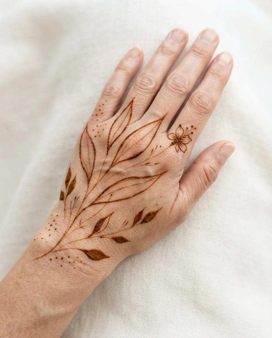 Contemporary mehndi design featuring abstract botanical lines and open skin areas Contemporary mehndi design featuring abstract botanical lines and open skin areas
