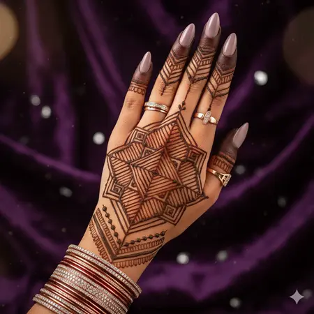 Bold mehndi design 2026 back hand featuring geometric chevron bands and symmetric mandala. Bold mehndi design 2026 back hand featuring geometric chevron bands and symmetric mandala.